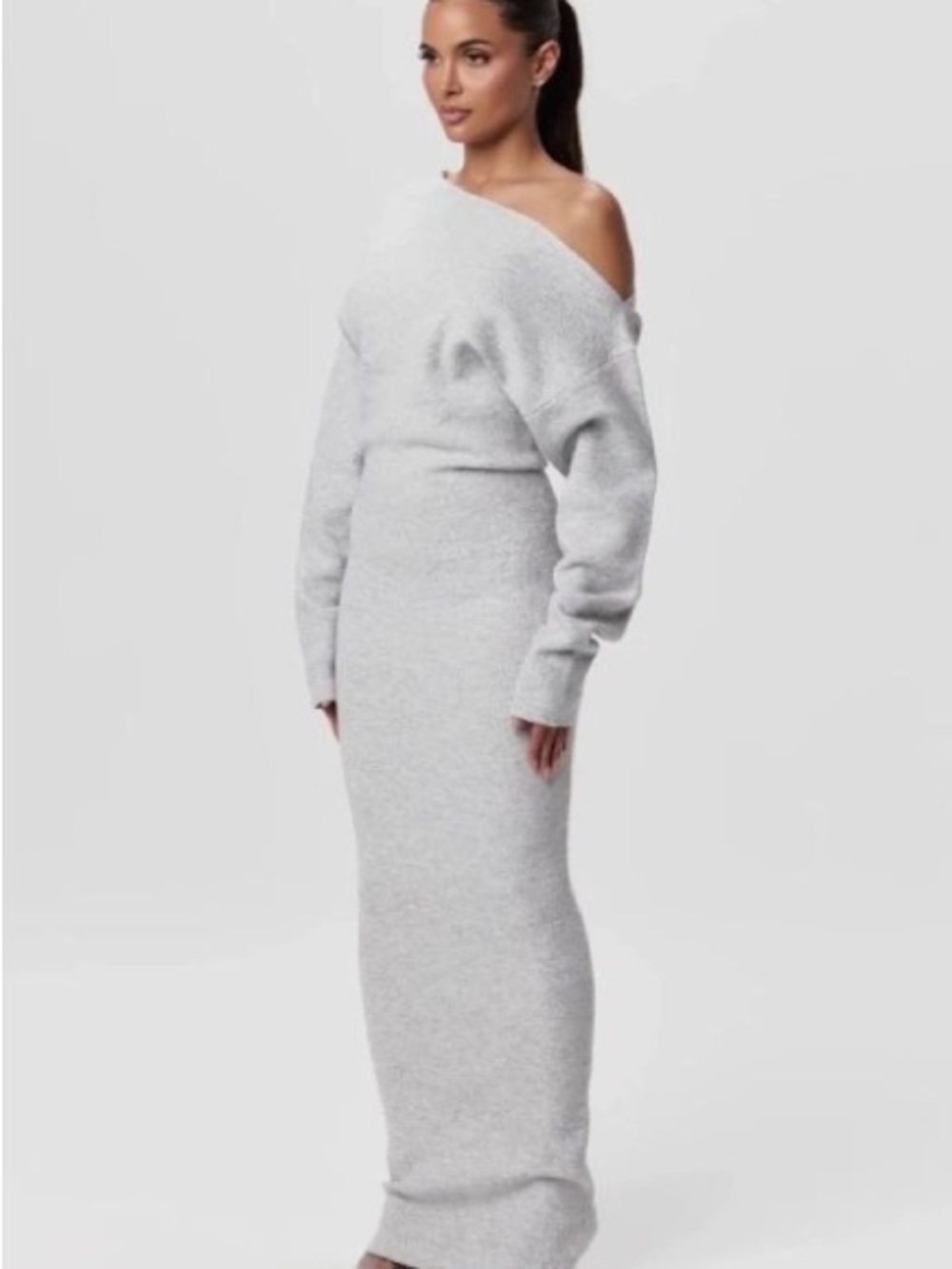 Off-Shoulder Knit Maxi Dress in Light Gray